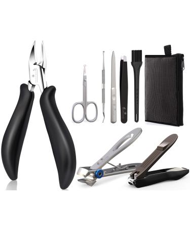 GLAMFIELDS Large Nail Clipper Set (8Pcs), Toe Nail Clippers for Thick Nails for Seniors, Ingrown Toenail, Paronychia, Big Toenail Clippers with Easy Grip Rubber Handle for Podiatrist/Adult/Men/Women Black-8 in 1