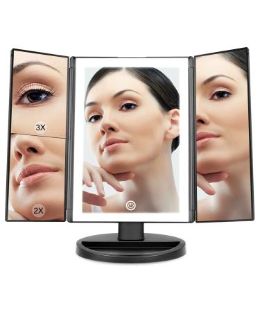 Beautyworks Backlit Makeup Vanity Mirror 36 LED Lights Touch-Screen Light Control  Tri-Fold 1/2/3X Magnification  Portable High-Definition Clarity Cosmetic Light Up Magnifying Mirror (Midnight Black) Original - 3x Magnif...