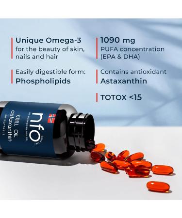 NFO Omega 3 Krill Oil Astaxanthin 60 Capsules - Antarctic Blend with Norwegian Fish Oil, High EPA & DHA, Phospholipids & Astaxanthin - Premium Supplement - Buy Online on GoSupps.com