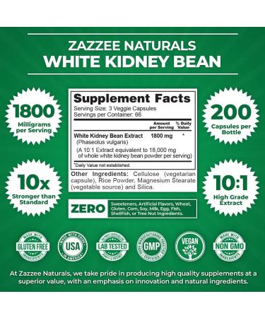 Zazzee White Kidney Bean Extract 18000 mg Strength - 200 Vegan Capsules, 100% Pure & Non-GMO - Buy Online on GoSupps.com