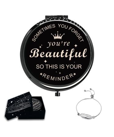 Calyders Sometimes You Forget You're Beautiful Travel Compact Pocket Mirror(Black) & Leaf Bracelet Gifts Box for Wife Girlfriend Mom Sister Friend Coworkers Neighbor Birthday Valentines Day Wedding