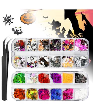Halloween Nail Glitter Sequins Kit CHANGAR 3D Holographic Halloween Pumpkin Witch Ghost Broomstick Mummy Skull Shape Laser Nail Glitter Flakes for Nail Art Halloween Party Supplies with 1 Pc Tweezers