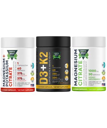 Vitamin D3(60Vegan capsule)10000 IU-K2 200mcg Soft-Gels 2-in-1 D3-K2+Magnesium Citrate 60 1000mg+Magnesium Citrate+Potassium 60 Premium(Citrate 375 mg & Potassium)Non GMO Gluten Free High Absorption