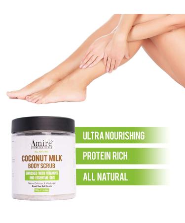 Amire Coconut Milk Scrub | 100% Pure Dead Sea Salt Exfoliating & Moisturizing Scrub for Cellulite Stretch Marks Acne & Varicose Veins | Vitamin E Shea Butter Argan Oil | 300g - International Shipping Available - Buy Online on GoSupps.com