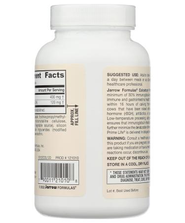 Jarrow Formulas Colostrum Prime Life 400 mg - 120 Veggie Capsules - Includes 30% Immunoglobulin - For Immune Support & Gastrointestinal Health - Up to 120 Servings - Buy Online on GoSupps.com