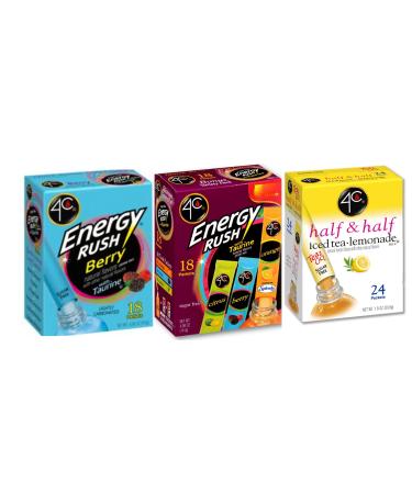 4C Totally Light Half & Half Lemonade Iced Tea Mix 1.5 oz 24 Packets 1 Ct | 4C Energy Rush with Taurine Variety Pack Drink Mix 0.26 Oz. 18 Count | 4C Energy Rush Berry Drink Mix 4.96 Oz. 18 Packet | Bundle