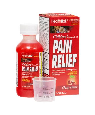 HealthA2Z Children's Pain Relief | Acetaminophen 160 mg (5mL) | Ages 2-11 | Cherry Flavor | Pain Reliever - Fever Reducer - Oral Suspension | Aspirin and Ibuprofen Free | 4FL Oz (118 mL)