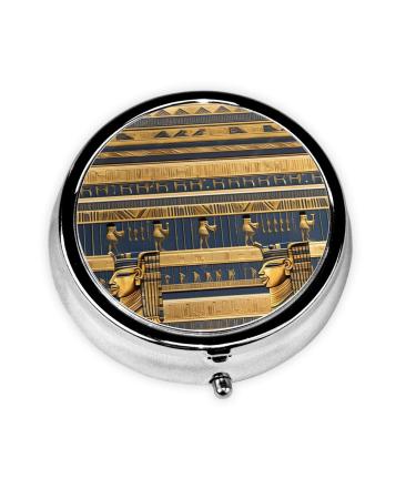 Egyptian Pharaonic Frescoesround Pill Box 3 Compartment Round Pill Box Organizer Portable Travel Pill Box for Traveling.
