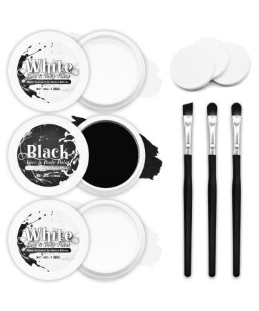 3-Piece Black White Face Paint Set (2 White 1 Black) - 1.76 oz Each Includes Sponge and Brushes Professional SFX Makeup Kit for Halloween Skeleton Ghost Skull Cosplay Full Coverage Body Paints