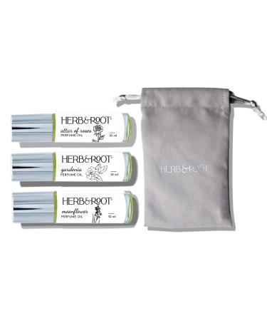 Herb & Root 3 Pc Mini Variety Perfume Set for Women or Men Unisex Aromatherapy Oils Roll Ons Floral Gourmand Woods Earthy Aromatic Citrus (Floral)