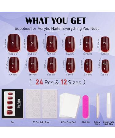 Shop Jofay Fashion Press On Nails - Short Acrylic Glue On Nails 24PCS Wine Red Kit Perfect Fit in 12 Sizes - Buy Online on GoSupps.com
