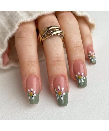 IMSOHOT Green Glossy Flower Press on Nails - Medium Length French Cute False Nails for Women and Girls - Buy Online on GoSupps.com