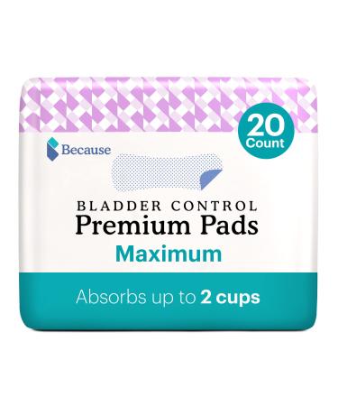 Because Premium Incontinence Pads for Women - Discreet, Individually Wrapped Liners - Maximum Absorbency, 20 Pads 20 Count (Pack of 1)