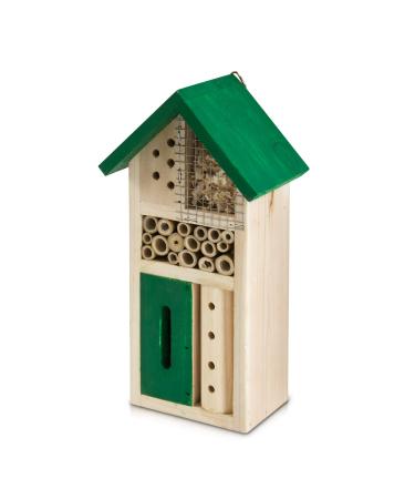 FiNeWaY Natural Wood Insect Bee Hotel House - Garden Shelter Bamboo Nesting Habitat - For Bees Butterflies Ladybugs Bugs Hanging or Free Standing (Small/Green) Small / Green