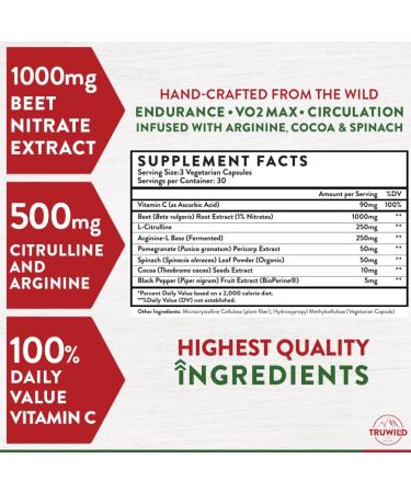 TruWild All Natural Beet Root Powder - Vegan Nitric Oxide Booster - 1000mg Superfood Capsules - Supports Health & Performance - 30 Servings - Buy Online on GoSupps.com