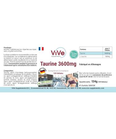 Taurin 3600mg Vegan Capsules - 120 High Dose Supplements - Quality from Germany | Vive Supplements - Buy Online on GoSupps.com