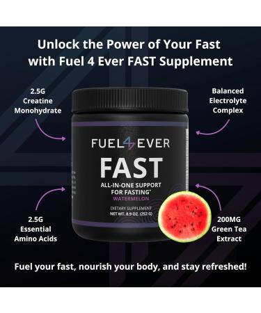 Fuel 4 Ever Fast Fasting Electrolyte Powder | with Creatine Essential Amino Acids & Green Tea Extract | No Sugar No Artificial Sweeteners or Ingredients | Watermelon Flavor 30 Servings 8.9 Ounce (Pack of 1) - Buy Online on GoSupps.com
