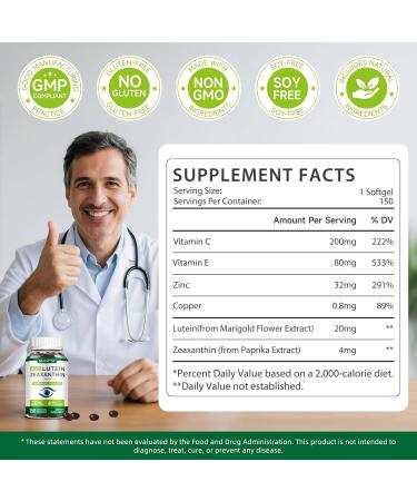 Lutein and Zeaxanthin Supplement-Eye Vitamins 150 Softgels 20mg Lutein & 4mg Zeaxanthin with Vitamins C E Zinc Copper for Blue Light Protection Eye Health Support 5 Months Supply 150 Count (Pack of 1) - Buy Online on GoSupps.com