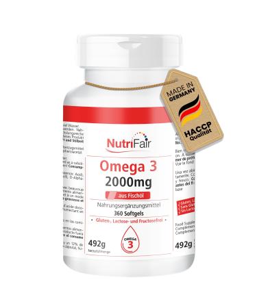 Nutrifair BV Omega 3360 softgels 2000 mg fish oil per daily dose with EPA DHA and vitamin E high dose German production and laboratory test NutriFair premium & fair