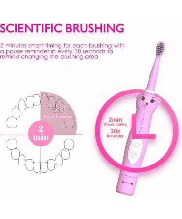 CHAIN PEAK Kids Sonic Electric Toothbrush Rechargeable Cute Bear Design - Ages 3-12, 5 Modes, 30s Reminder, 2 Min Timer - Includes 6 Brush Heads, Wall-Mounted Holder - Pink - Buy Online on GoSupps.com