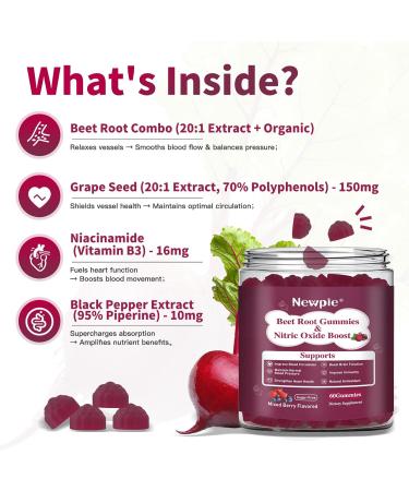 Newpie Beet Root Gummies,Super Nitric Oxide Beets Supplement,Grape Seed&Black Pepper Extract,Vitamin C & B12,Supports Blood Pressure&Energy,Mixed Berry,Organic Beetroot,60 Beet Chews - Buy Online on GoSupps.com