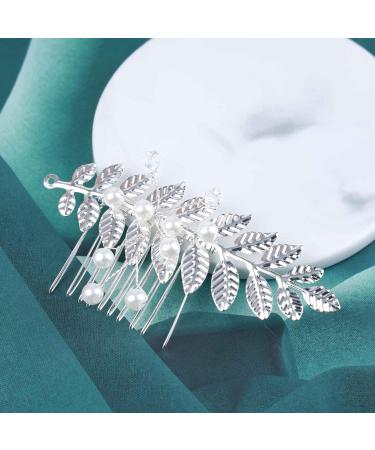 Dervivea Boho Leaves Hair Comb Pearl Bridal Wedding Hair Comb Silver Leaf Headpiece Comb Metal Leaf Branch Hair Combs Headpiece Decorative Hair Accessories for Women and Girls Headdress (Silver) - Buy Online on GoSupps.com