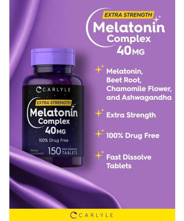 Carlyle Melatonin 40mg Complex | 150 Fast Dissolve Tablets | Extra Strength Support | with Ashwagandha and Chamomile | Vegetarian Non-GMO Gluten Free Supplement 150 Count (Pack of 1) - Buy Online on GoSupps.com