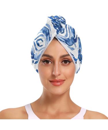 Shibori Waves Blue White Line Art Hair Towel 2 Pack Super Absorbent Hair Drying Towel Quick Dry Hair Turbans Head Towel with Button Twisty Wrap for Women Girls