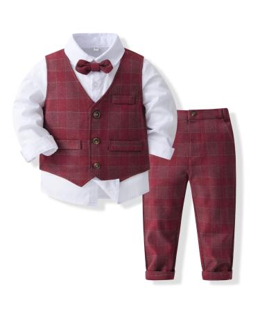 Volunboy Baby Boys Gentleman Suit Toddler Formal Waistcoat Outfit Wedding Shirts + Vest +Bow Tie 4 PCS Set 12-18 Months Red Plaid