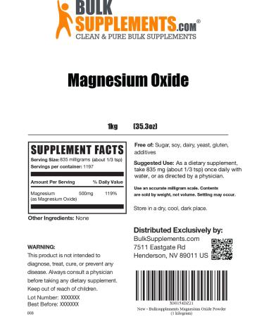 BulkSupplements Magnesium Oxide Powder Vegan Muscle and Bone Supplement 1kg Pure Magnesium for Men Joint and Bone Health 2.2lb Pack - Buy Online on GoSupps.com