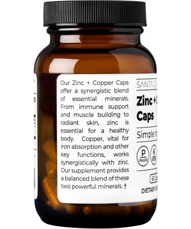 Santa Cruz Paleo Zinc & Copper Mineral Supplement High Absorption Formula Zinc Supplement for Skin & Hair L Methionine Copper Gluconate Trace Minerals Gluten Free Keto Paleo 60 Capsules - Buy Online on GoSupps.com