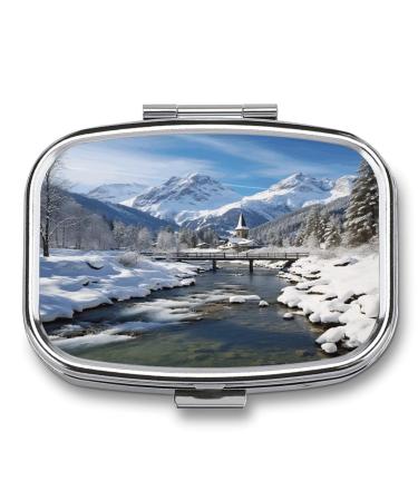 Pill Box Winter Landscape in The Bavarian Alps Print 2 Compartment Medicine Pill Case Pill Organizer Decorative Metal Portable Pill Box for Pocket Or Purse