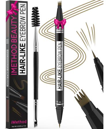 iMethod Eyebrow Pen - Eyebrow Pencil Magical 2-in-1 Eye Brow Pencils for Women with 4-Fork-Tip & Precise Brush-Tip Create Natural Hair-Like Brows Last All-Day Microblading Eyebrow Pen Light Brown MY 01 Light Brown