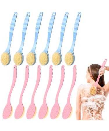 12 Pieces Bath Brush with Bristles for Women Shower Long Handle Back Scrubber Body Brush with Soft Bristle Wet or Dry Brushing for Women Girl Skin Back Exfoliating Body Bath  Pink and Blue