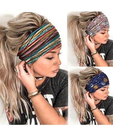 Morebrave Boho Headband Wide Turban Head Wraps Stretchy Head Bands Vintage Hairbands Butterfly Head Scarves Hair Accessories for Women and Girls Pack of 3