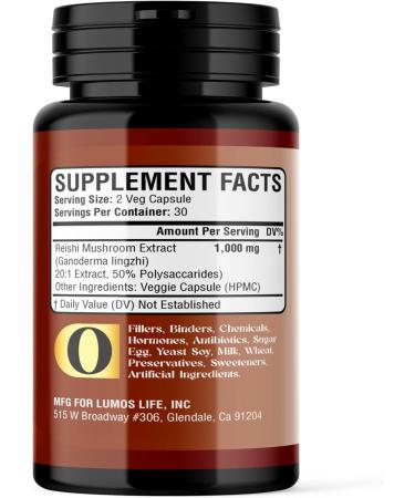 Lumos Life Reishi Mushroom Supplement Capsules - Organic - Made in USA - Fruiting Bodies Extract - 1000 mg 30% Polysaccharides - Immune Support & Stress Relief - As Reishi Powder - 60 Capsules - Buy Online on GoSupps.com