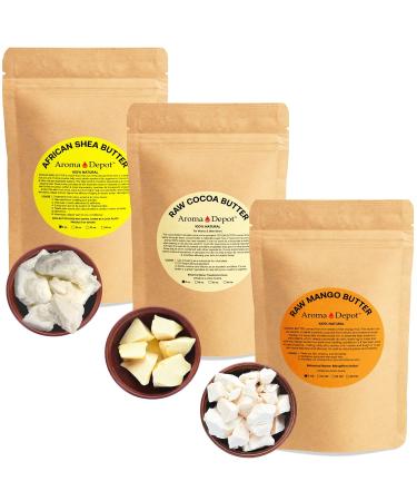 Aroma Depot Shea Mango and Cocoa butter 8 oz Variety Bundle Pack. 100% Raw-Pure Unrefined I For all skin types I Can be used in DIY Body Butters Soaps Lotions and lip balm I Amazing Moisturizers