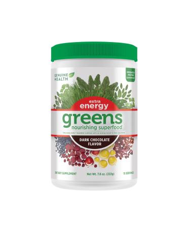 Genuine Health Greens + Extra Energy Superfood Powder Provides An Immediate Energy Boost & Supports Gut Health Dark Chocolate Flavor 15 Servings