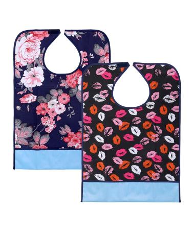 BTSKY 2 Pcs Waterproof Reusable Adult Bibs - Washable Mealtime Protector Bib Clothing Protector with Crumb Catcher (Flower+Lip)