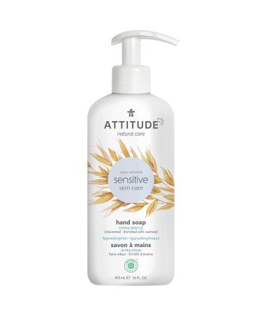 ATTITUDE Hand Soap For Dry Itchy Sensitive Skin (Dermatologist tested/Hypoallergenic EWG Verified/Vegan/Cruelty free/Fragrance Free), Unscented, 16 Fl Oz