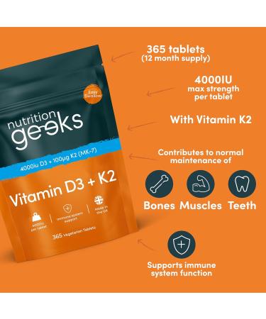 Vitamin D3 4000 IU & Vitamin K2 MK7 100 mcg - 1 Year Supply, 365 Easy-Swallow Tablets, High Strength Vegetarian D3 and K2 Supplements - UK Made - Buy Online on GoSupps.com