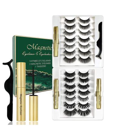 Rechoo Magnetic Eye Lashes Kit 14 Pairs Long and Thick Magnetic False Eyelashes with 3 Magnetic Eyeliner Reusable 3D Natural Magnetic False Eyelashes with Applicator Magnetic Lashes and Tweezers-B B-Long & Thick