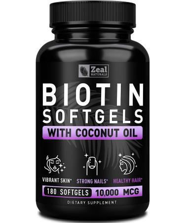 Biotin with Coconut Oil for Hair 10000mcg (180 Softgels) Biotin Supplement - Biotin Pills for Hair Skin and Nails Vitamins for Women Biotin Capsules for Men Hair Growth 6 mo Supply