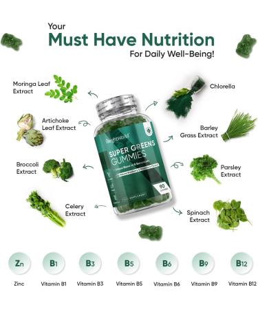Super Greens Gummies - 90 Vegan Gummies for Energy & Immunity - Natural Blueberry & Raspberry Flavor - Essential Vitamins & Minerals - Alternative to Super Greens Powder - Buy Online on GoSupps.com