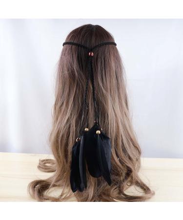 TseenYi Boho Feather Headband Gypsy Hairband Black Feather Tassel Headband Long Feather Fringe Headwear Hairband Stage Performance Headdress