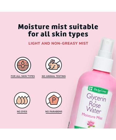 De La Cruz Rose Water & Glycerin Spray for Face - 8 fl oz - Hydrating Rosewater Mist for Skin & Hair - Buy Online on GoSupps.com