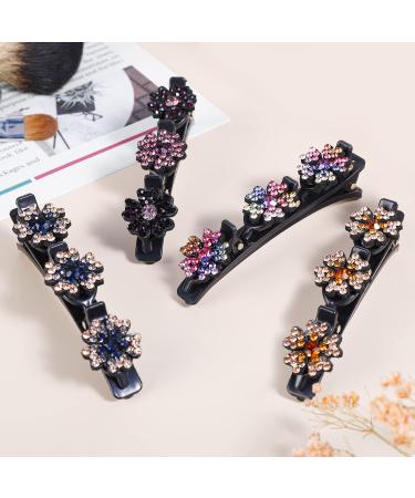 Braided Hair Clips with LuckyGrass Sparkling Crystal Stone 4 PCS for Girls and Women Hair Styling Rhinestones Triple Duckbill Barrettes for Thick Hair Lucky Grass