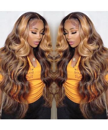 Bele Real Hair Wig Black Women 180% Density Ombre 4/27 Body Wave 13 x 4 (33x10 cm) Lace Front Wig Highlight 4/27 Body Wave Lace Front Wig Honey Blonde 22 inch 13x4 BW Wig 4/27
