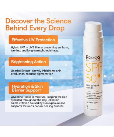 Raaga Sunscreen Lotion SPF 50 Broad Spectrum UVA and UVB Lightweight Non Greasy Water Resistant 1.86 Fl Oz 55ml - Buy Online on GoSupps.com