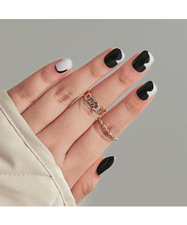 24pcs Short False Nails Black White Stick on Nails Press on Nails Removable Glue-on Nails Fake Nails Women Girls Nail Art Accessories 0233Y38